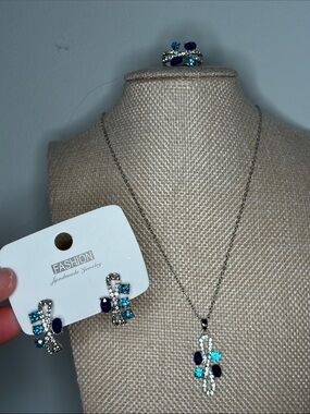 Handmade Jewelry Blue Crystal Necklace & Earring Set with rig Sz 7